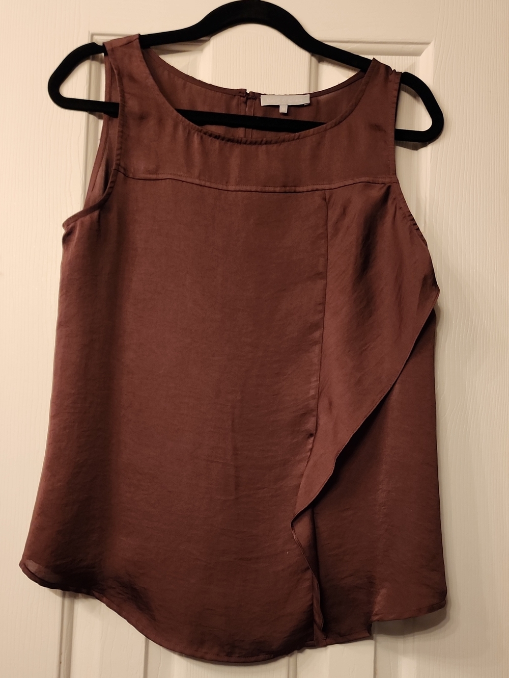 Violet & Claire Brown Satin Ruffle Shell Top
